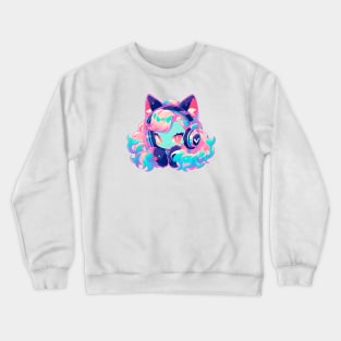 Cat Girl With Headphones Crewneck Sweatshirt